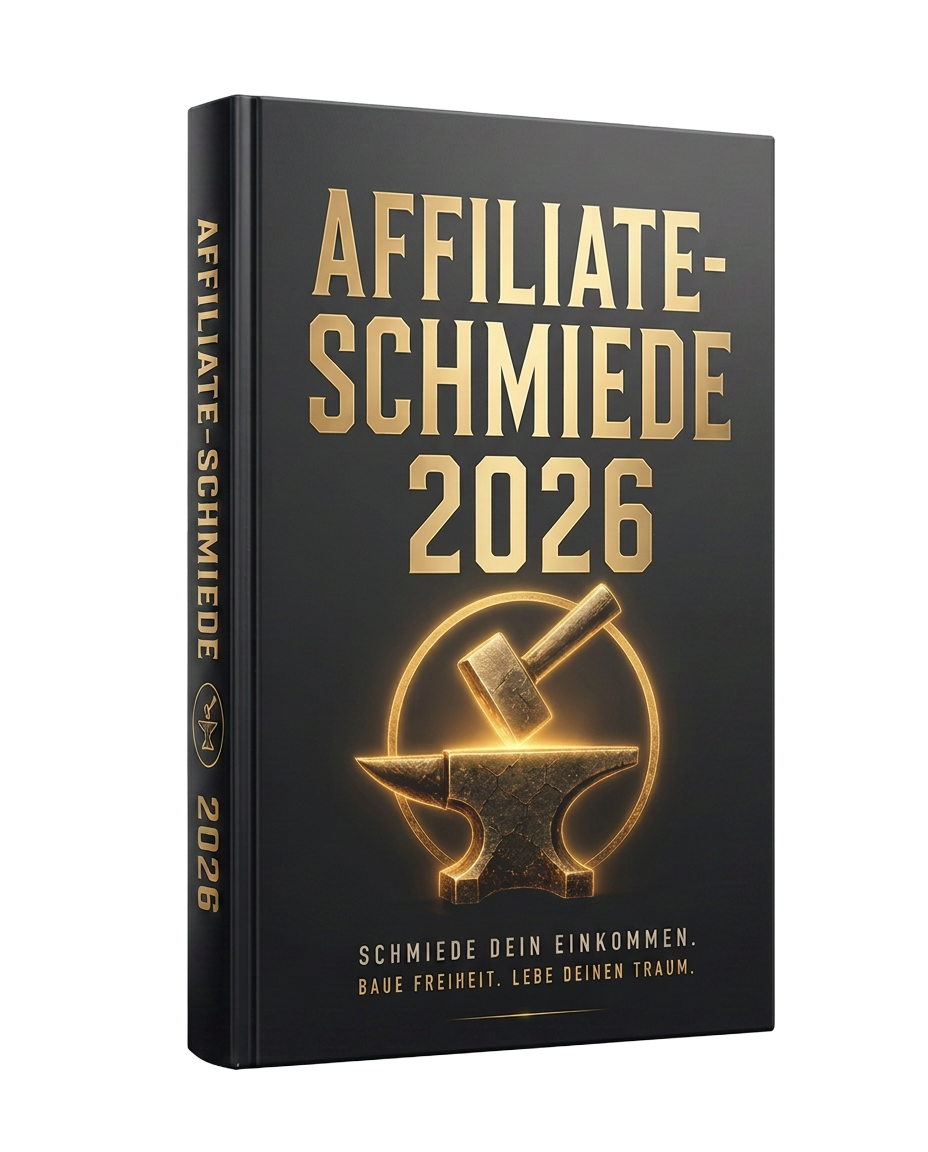 Cover des E-Books Affiliate-Schmiede 2026 mit goldenem Amboss-Motiv und Funken auf schwarzem Hintergrund